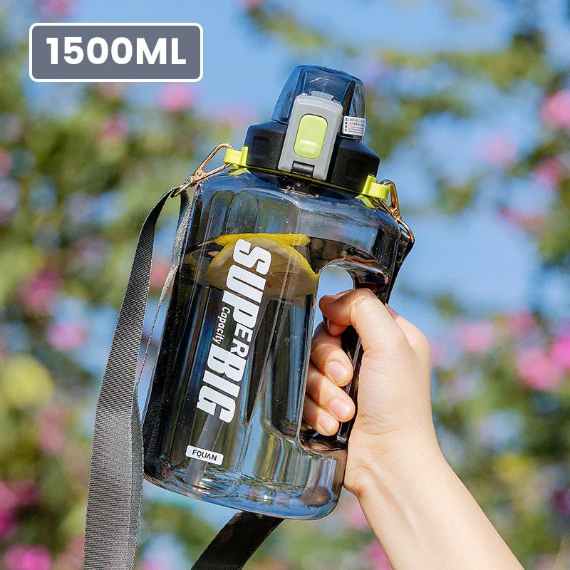 Mouvella Active — Bouteille d'eau de 1,5 L avec paille et marqueur de temps