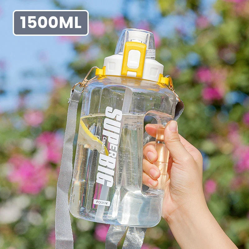 Mouvella Active — Bouteille d'eau de 1,5 L avec paille et marqueur de temps