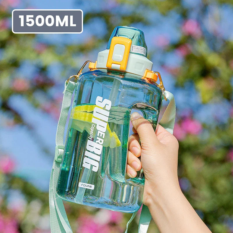 Mouvella Active — Bouteille d'eau de 1,5 L avec paille et marqueur de temps